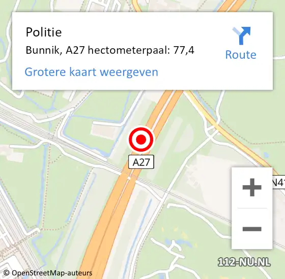 Locatie op kaart van de 112 melding: Politie Bunnik, A27 hectometerpaal: 77,4 op 28 november 2022 07:22