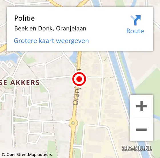 Locatie op kaart van de 112 melding: Politie Beek en Donk, Oranjelaan op 28 november 2022 07:59