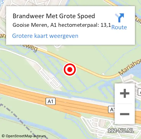 Locatie op kaart van de 112 melding: Brandweer Met Grote Spoed Naar Gooise Meren, A1 hectometerpaal: 13,1 op 28 november 2022 08:10