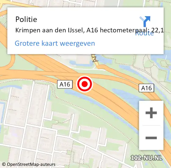 Locatie op kaart van de 112 melding: Politie Krimpen aan den IJssel, A16 hectometerpaal: 22,1 op 28 november 2022 08:11