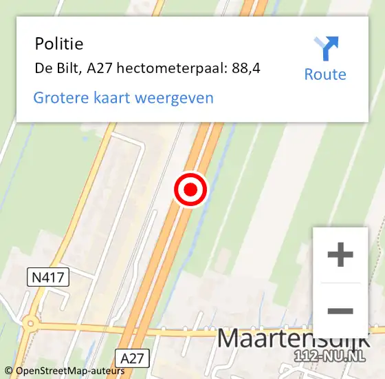 Locatie op kaart van de 112 melding: Politie De Bilt, A27 hectometerpaal: 88,4 op 28 november 2022 08:23