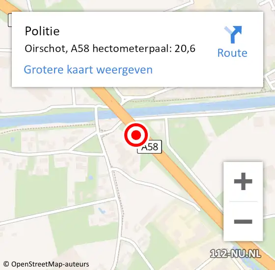 Locatie op kaart van de 112 melding: Politie Oirschot, A58 hectometerpaal: 20,6 op 28 november 2022 08:31