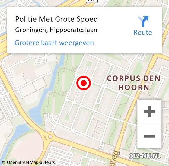 Locatie op kaart van de 112 melding: Politie Met Grote Spoed Naar Groningen, Hippocrateslaan op 28 november 2022 08:32