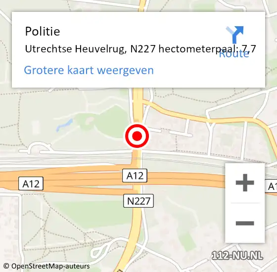 Locatie op kaart van de 112 melding: Politie Utrechtse Heuvelrug, N227 hectometerpaal: 7,7 op 28 november 2022 09:52