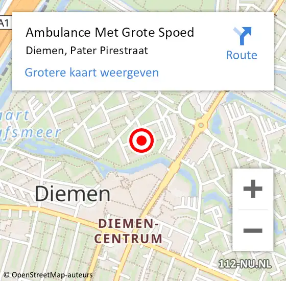 Locatie op kaart van de 112 melding: Ambulance Met Grote Spoed Naar Diemen, Pater Pirestraat op 28 november 2022 10:49