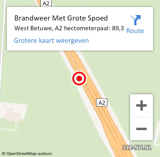 Locatie op kaart van de 112 melding: Brandweer Met Grote Spoed Naar West Betuwe, A2 hectometerpaal: 89,3 op 28 november 2022 14:34