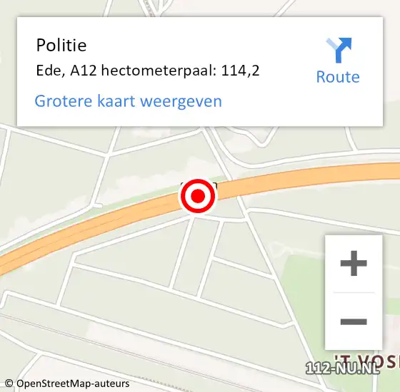 Locatie op kaart van de 112 melding: Politie Ede, A12 hectometerpaal: 114,2 op 28 november 2022 15:05