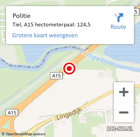 Locatie op kaart van de 112 melding: Politie Tiel, A15 hectometerpaal: 124,5 op 28 november 2022 15:25