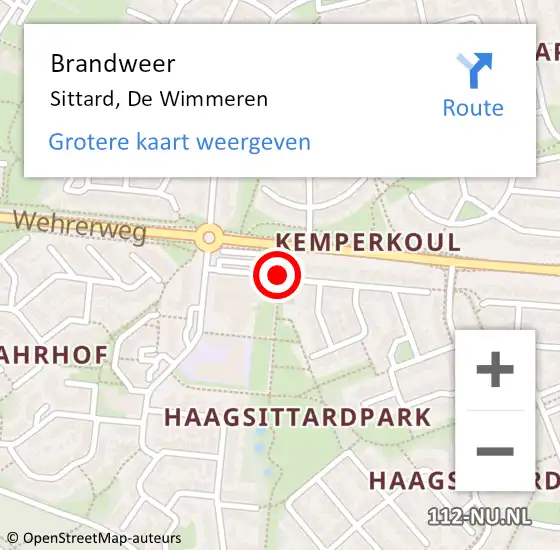 Locatie op kaart van de 112 melding: Brandweer Sittard, De Wimmeren op 6 augustus 2014 14:46