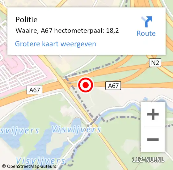 Locatie op kaart van de 112 melding: Politie Veldhoven, A67 hectometerpaal: 18,2 op 28 november 2022 17:26