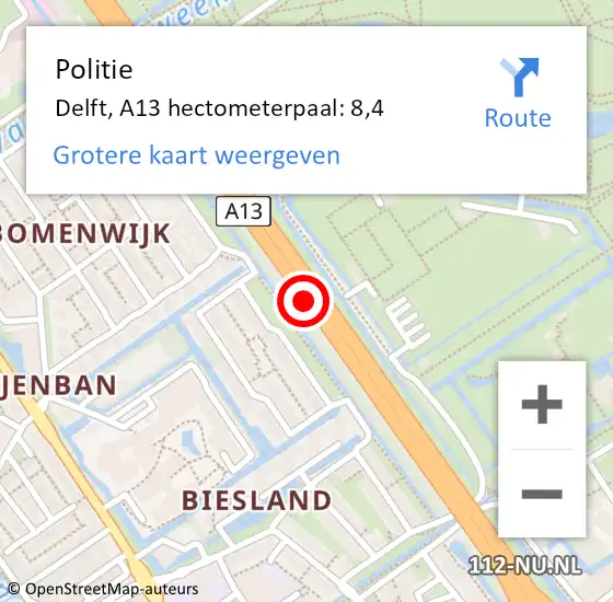 Locatie op kaart van de 112 melding: Politie Delft, A13 hectometerpaal: 8,4 op 28 november 2022 18:16