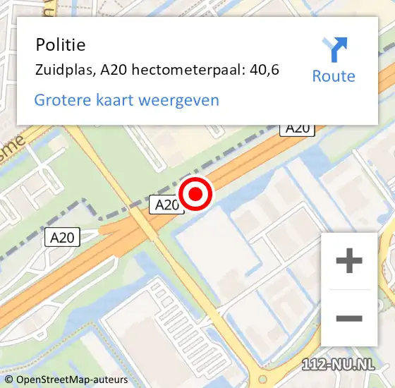 Locatie op kaart van de 112 melding: Politie Zuidplas, A20 hectometerpaal: 40,6 op 28 november 2022 18:38