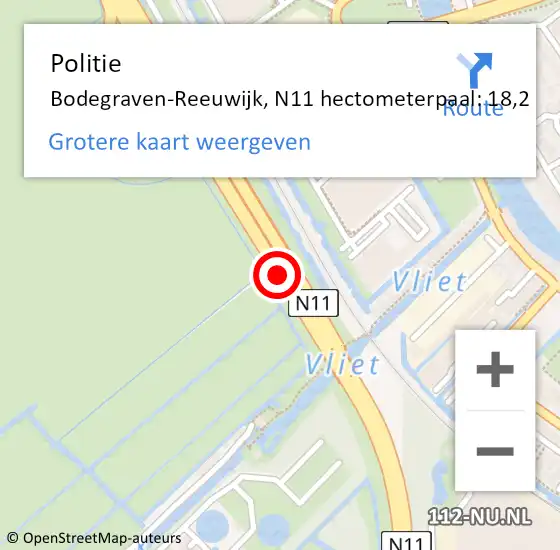 Locatie op kaart van de 112 melding: Politie Bodegraven-Reeuwijk, N11 hectometerpaal: 18,2 op 28 november 2022 19:04