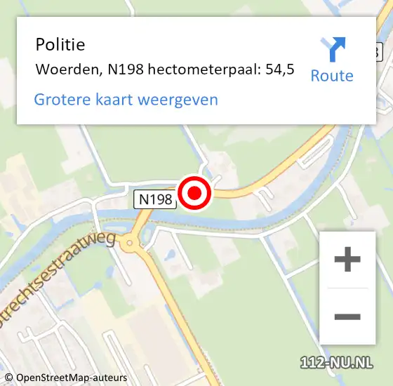 Locatie op kaart van de 112 melding: Politie Woerden, N198 hectometerpaal: 54,5 op 28 november 2022 19:07
