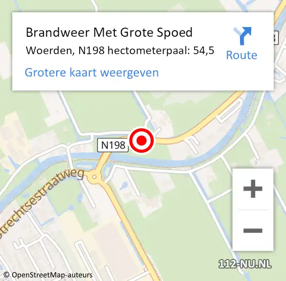 Locatie op kaart van de 112 melding: Brandweer Met Grote Spoed Naar Woerden, N198 hectometerpaal: 54,5 op 28 november 2022 19:07