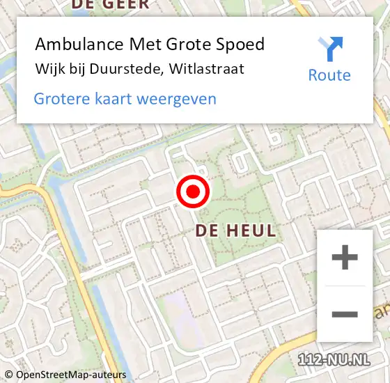 Locatie op kaart van de 112 melding: Ambulance Met Grote Spoed Naar Wijk bij Duurstede, Witlastraat op 28 november 2022 20:06