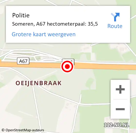 Locatie op kaart van de 112 melding: Politie Someren, A67 hectometerpaal: 35,5 op 28 november 2022 20:22