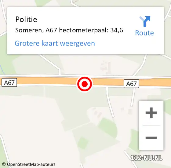 Locatie op kaart van de 112 melding: Politie Someren, A67 hectometerpaal: 34,6 op 28 november 2022 20:23