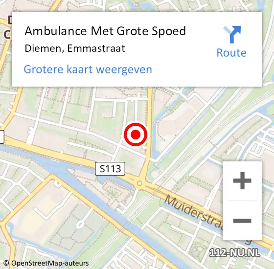 Locatie op kaart van de 112 melding: Ambulance Met Grote Spoed Naar Diemen, Emmastraat op 28 november 2022 22:20