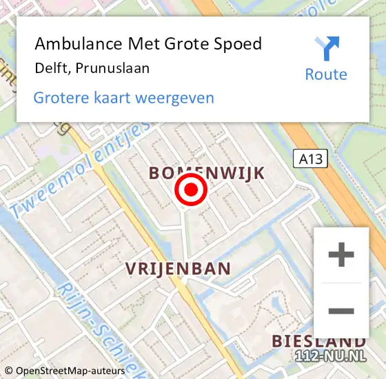 Locatie op kaart van de 112 melding: Ambulance Met Grote Spoed Naar Delft, Prunuslaan op 28 november 2022 23:44