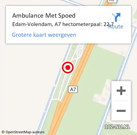 Locatie op kaart van de 112 melding: Ambulance Met Spoed Naar Edam-Volendam, A7 hectometerpaal: 22,7 op 29 november 2022 07:27