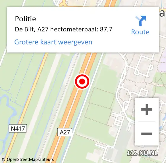 Locatie op kaart van de 112 melding: Politie De Bilt, A27 hectometerpaal: 87,7 op 29 november 2022 07:32