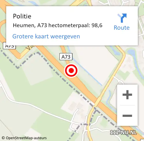 Locatie op kaart van de 112 melding: Politie Heumen, A73 hectometerpaal: 98,6 op 29 november 2022 07:35