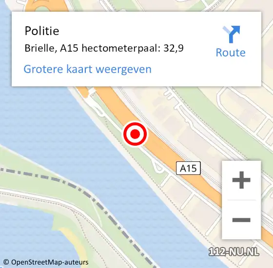 Locatie op kaart van de 112 melding: Politie Brielle, A15 hectometerpaal: 32,9 op 29 november 2022 07:46