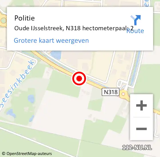 Locatie op kaart van de 112 melding: Politie Oude IJsselstreek, N318 hectometerpaal: 2 op 29 november 2022 07:53