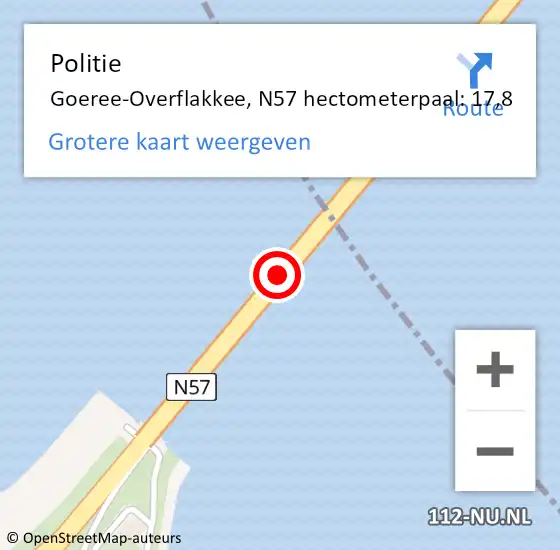 Locatie op kaart van de 112 melding: Politie Goeree-Overflakkee, N57 hectometerpaal: 17,8 op 29 november 2022 08:18