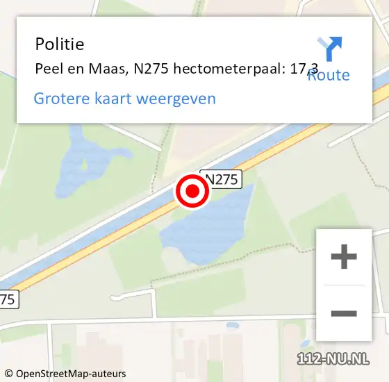 Locatie op kaart van de 112 melding: Politie Peel en Maas, N275 hectometerpaal: 17,3 op 29 november 2022 09:01