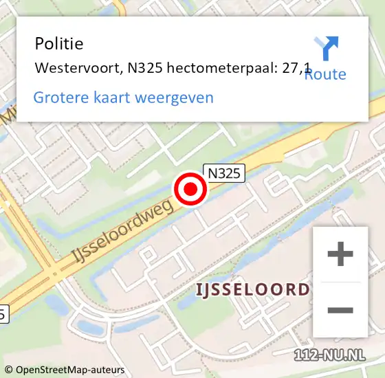 Locatie op kaart van de 112 melding: Politie Westervoort, N325 hectometerpaal: 27,1 op 29 november 2022 12:19