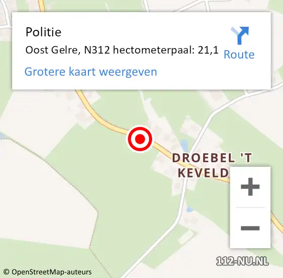 Locatie op kaart van de 112 melding: Politie Oost Gelre, N312 hectometerpaal: 21,1 op 29 november 2022 13:13