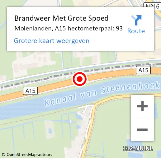 Locatie op kaart van de 112 melding: Brandweer Met Grote Spoed Naar Molenlanden, A15 hectometerpaal: 93 op 29 november 2022 13:26