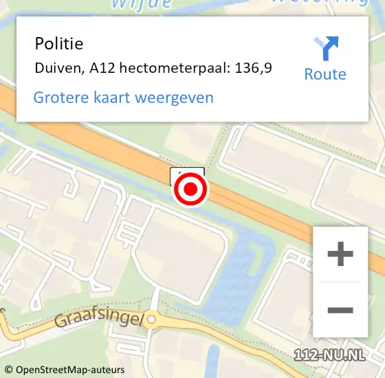 Locatie op kaart van de 112 melding: Politie Duiven, A12 hectometerpaal: 136,9 op 29 november 2022 13:28