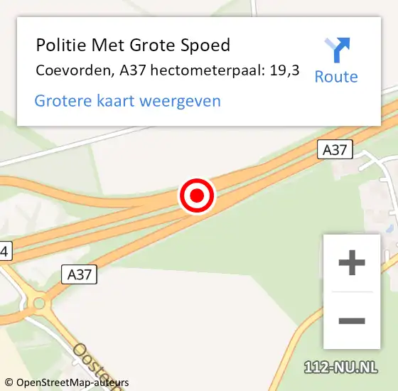 Locatie op kaart van de 112 melding: Politie Met Grote Spoed Naar Coevorden, A37 hectometerpaal: 19,3 op 29 november 2022 14:52