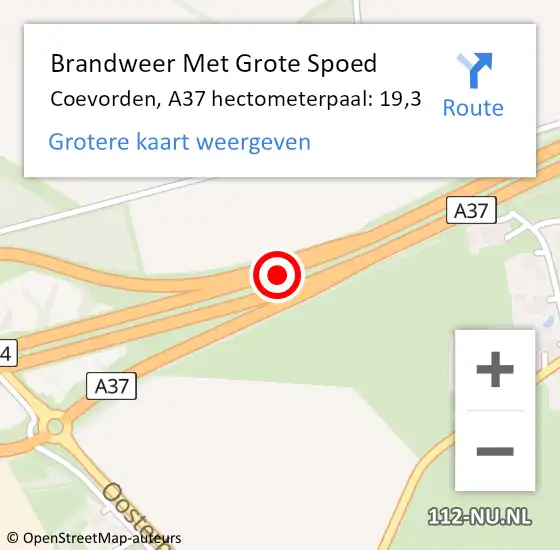 Locatie op kaart van de 112 melding: Brandweer Met Grote Spoed Naar Coevorden, A37 hectometerpaal: 19,3 op 29 november 2022 14:53