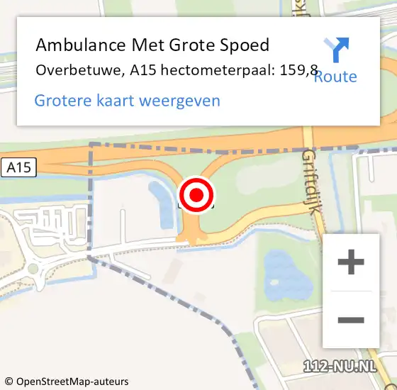 Locatie op kaart van de 112 melding: Ambulance Met Grote Spoed Naar Overbetuwe, A15 hectometerpaal: 159,8 op 29 november 2022 16:14
