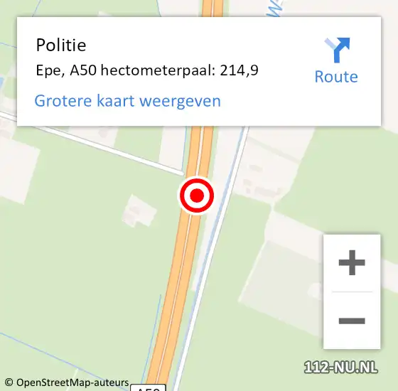 Locatie op kaart van de 112 melding: Politie Epe, A50 hectometerpaal: 214,9 op 29 november 2022 16:48