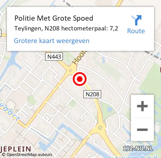 Locatie op kaart van de 112 melding: Politie Met Grote Spoed Naar Teylingen, N208 hectometerpaal: 7,2 op 29 november 2022 16:57