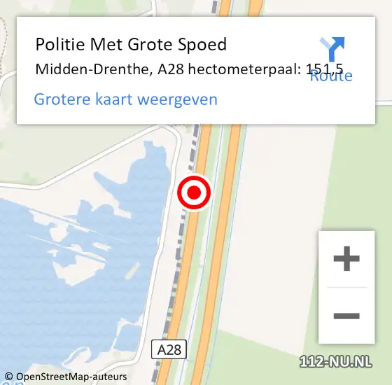 Locatie op kaart van de 112 melding: Politie Met Grote Spoed Naar Midden-Drenthe, A28 hectometerpaal: 151,5 op 29 november 2022 18:22