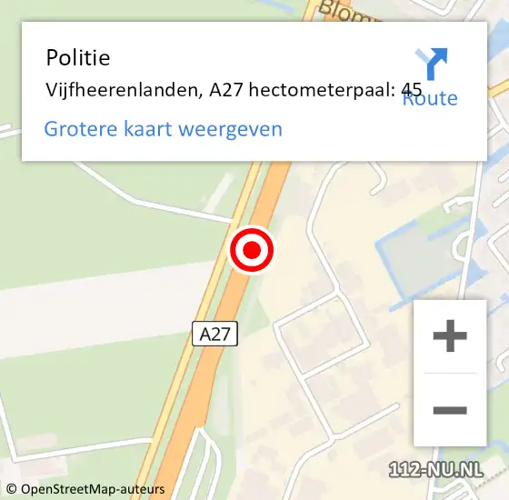 Locatie op kaart van de 112 melding: Politie Vijfheerenlanden, A27 hectometerpaal: 45 op 29 november 2022 19:09