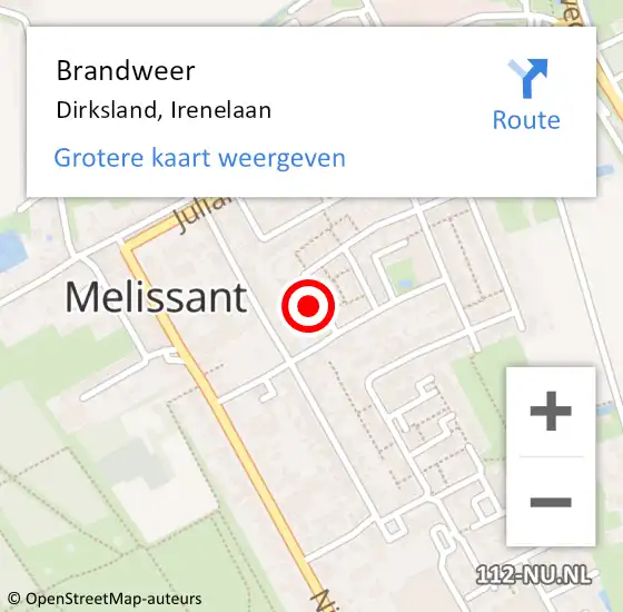 Locatie op kaart van de 112 melding: Brandweer Dirksland, Irenelaan op 29 november 2022 19:36