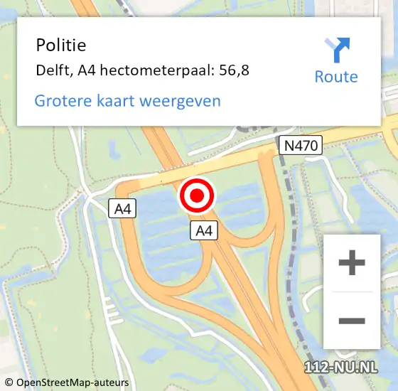 Locatie op kaart van de 112 melding: Politie Midden-Delfland, A4 hectometerpaal: 56,8 op 29 november 2022 19:54