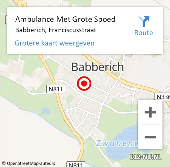 Locatie op kaart van de 112 melding: Ambulance Met Grote Spoed Naar Babberich, Franciscusstraat op 29 november 2022 22:31
