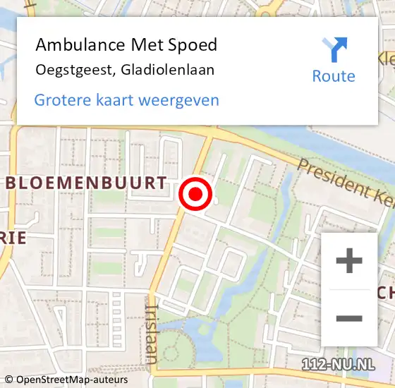 Locatie op kaart van de 112 melding: Ambulance Met Spoed Naar Oegstgeest, Gladiolenlaan op 30 november 2022 08:17