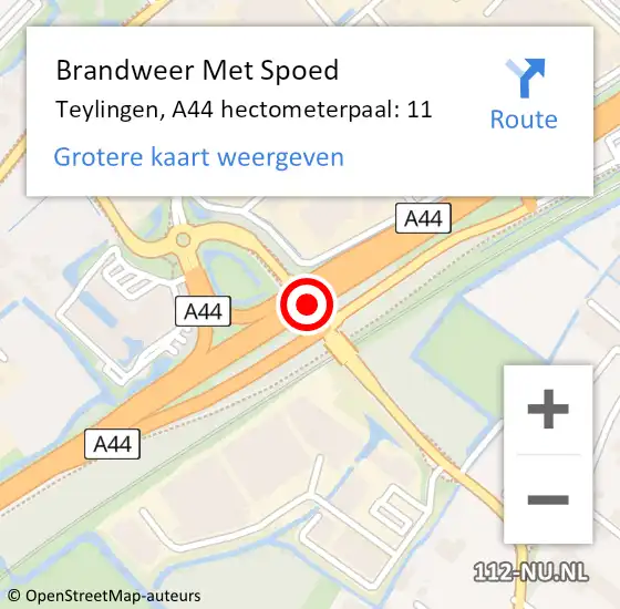 Locatie op kaart van de 112 melding: Brandweer Met Spoed Naar Teylingen, A44 hectometerpaal: 11 op 30 november 2022 08:19