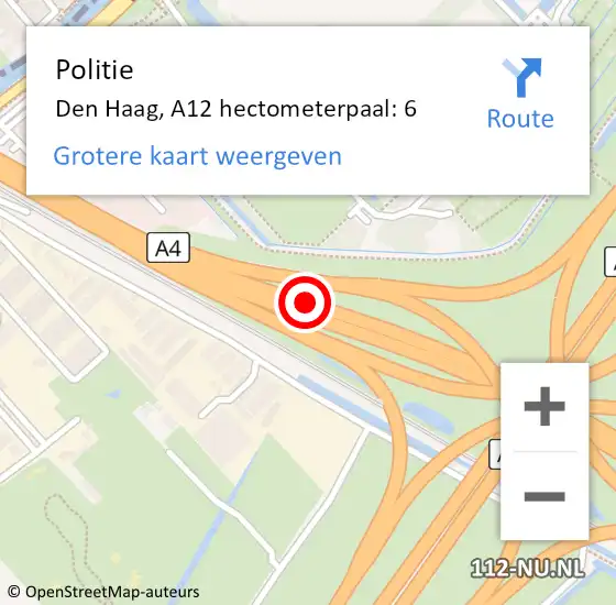 Locatie op kaart van de 112 melding: Politie Leidschendam-Voorburg, A12 hectometerpaal: 6 op 30 november 2022 08:35