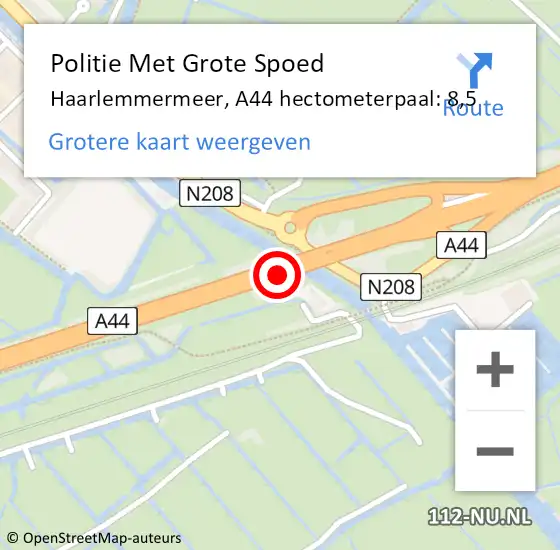 Locatie op kaart van de 112 melding: Politie Met Grote Spoed Naar Haarlemmermeer, A44 hectometerpaal: 8,5 op 30 november 2022 08:37
