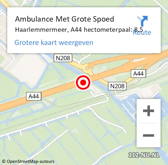 Locatie op kaart van de 112 melding: Ambulance Met Grote Spoed Naar Haarlemmermeer, A44 hectometerpaal: 8,5 op 30 november 2022 08:39